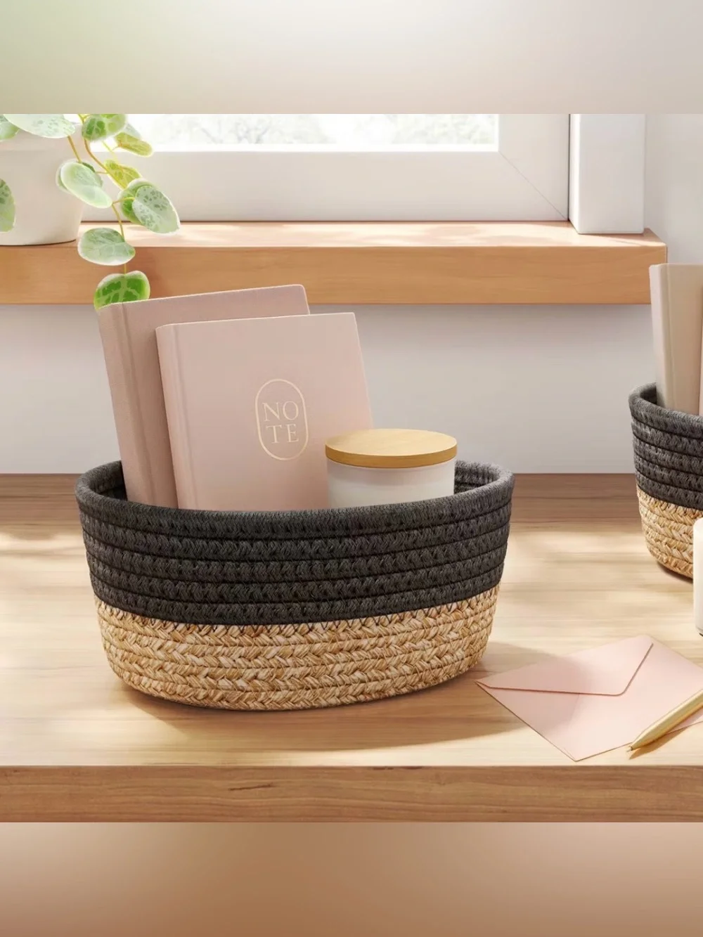 Brightroom Woven Two-Tone Storage Basket - Charcoal and Natural- Lot of 2